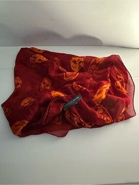 Alexander McQueen Crimson Silk Scarf with Orange Skull Motif